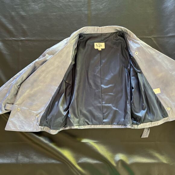 Vintage 80s Nora Ritti Oversized Blue Leather Jacket Belted Cropped Moto Style M - Picture 12 of 16